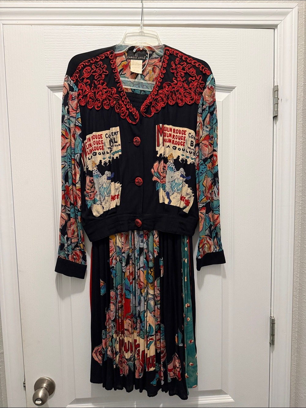 Carole Little Black Floral Print Long Sleeve jacket with Red Trim & midi skirt